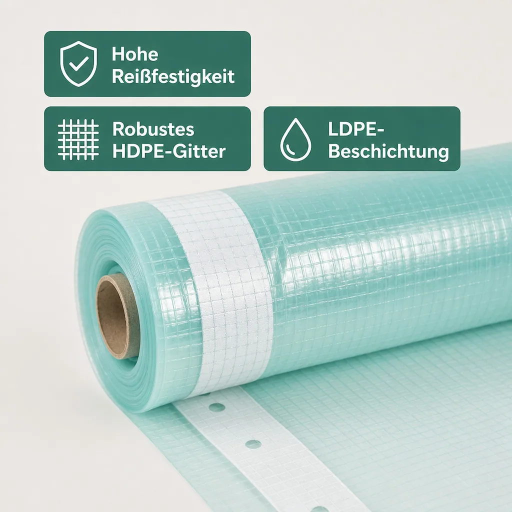 Gitterfolie, Gewächshausfolie, 1,5 Breite x 32 Meter, transparente Folie mit grünem Gitter