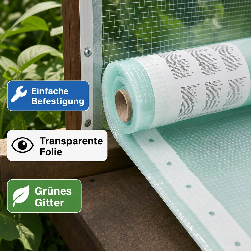 Gitterfolie, Gewächshausfolie, 1,5 Breite x 32 Meter, transparente Folie mit grünem Gitter