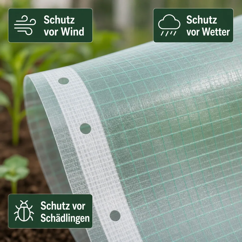 Gitterfolie, Gewächshausfolie, 1,5 Breite x 32 Meter, transparente Folie mit grünem Gitter