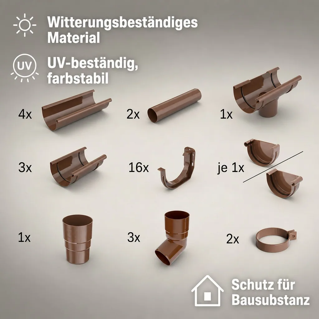 Regenrinne Komplettset 8m braun, System 125, Dachrinne Kunststoff