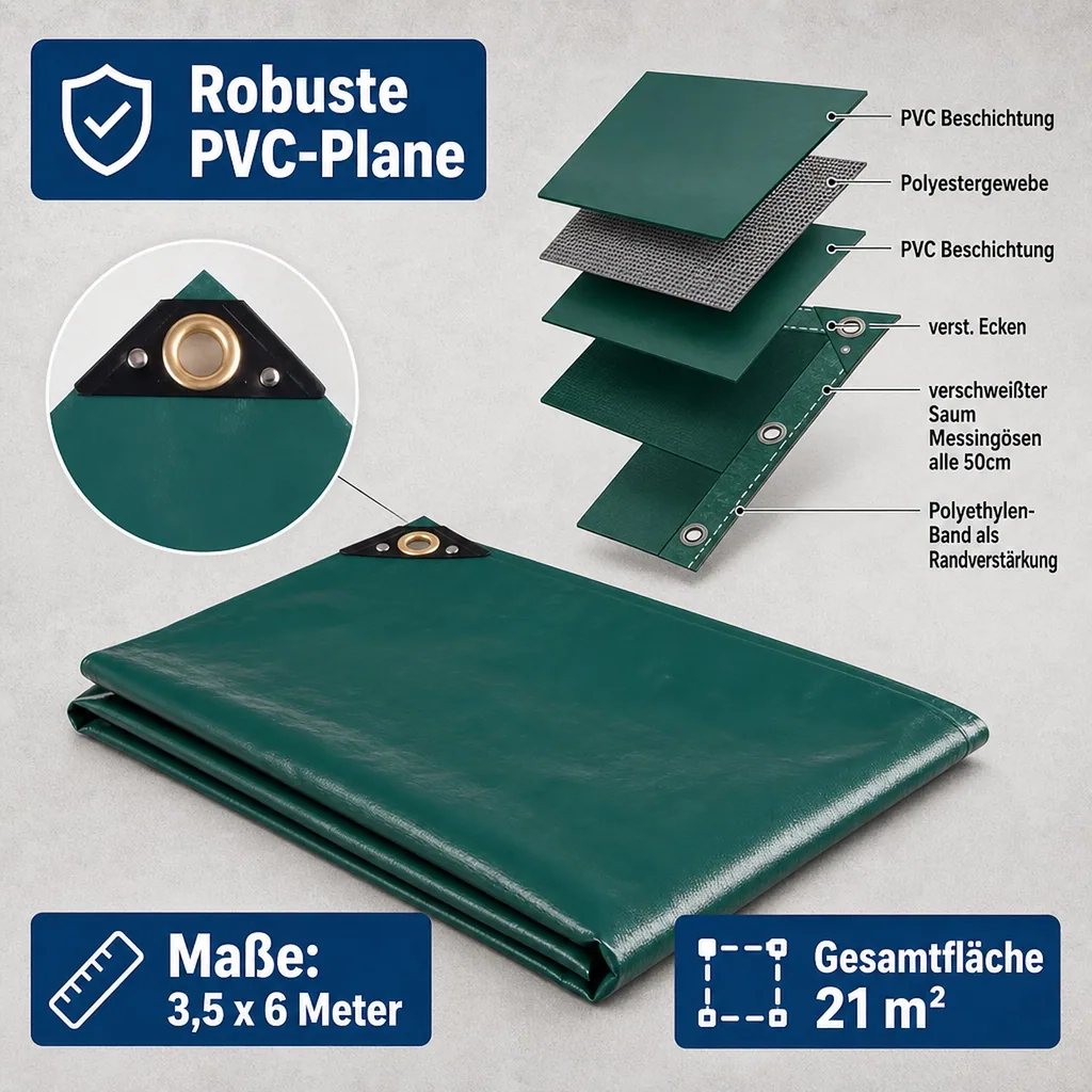 PVC Plane grün 650g, Abdeckplane, 3,5 x 6m (21m²), wasserdicht, reißfest