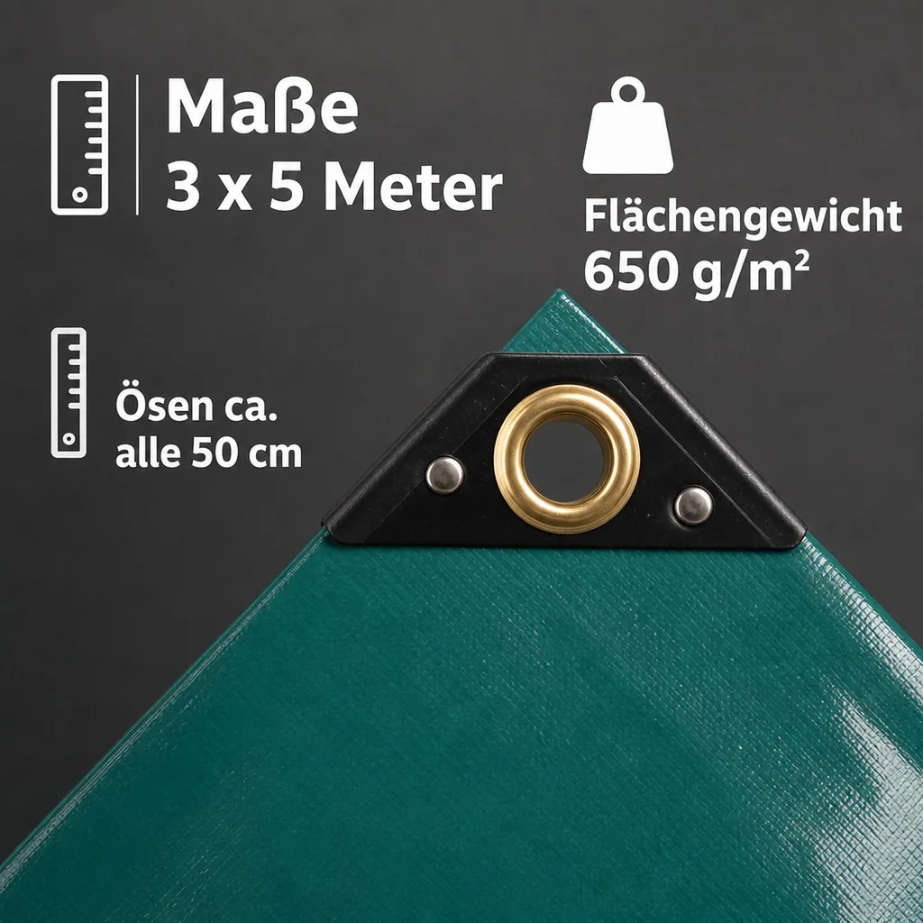 PVC Plane, Abdeckplane 3x5m grün, 650 g/m², wasserdicht und reißfest
