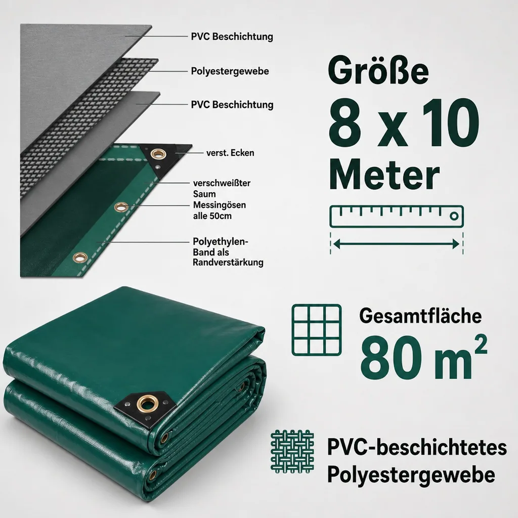 PVC Plane grün 650g/m², 8 x 10 (80m²), Abdeckplane, LKW Plane