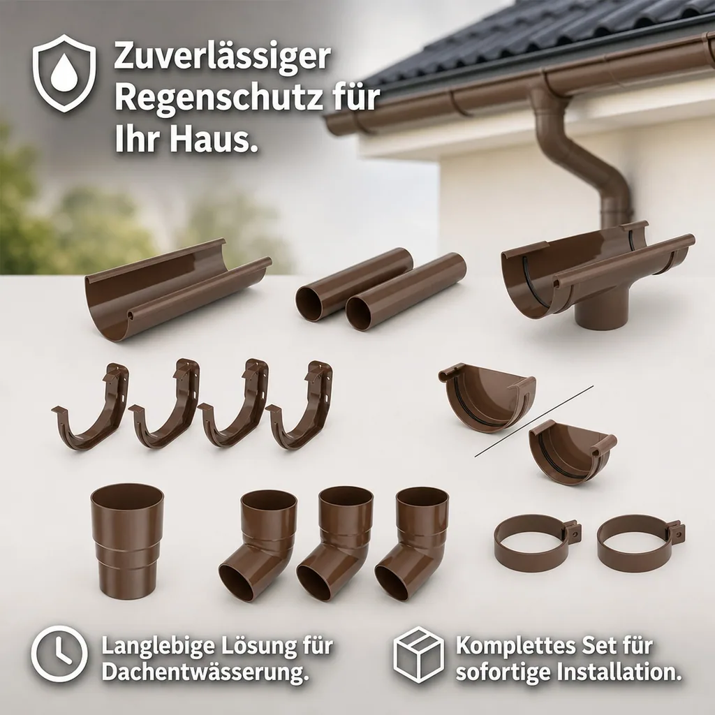 Regenrinne Set 2m braun, Dachrinne Kunststoff, System 125, Dachentwässerung