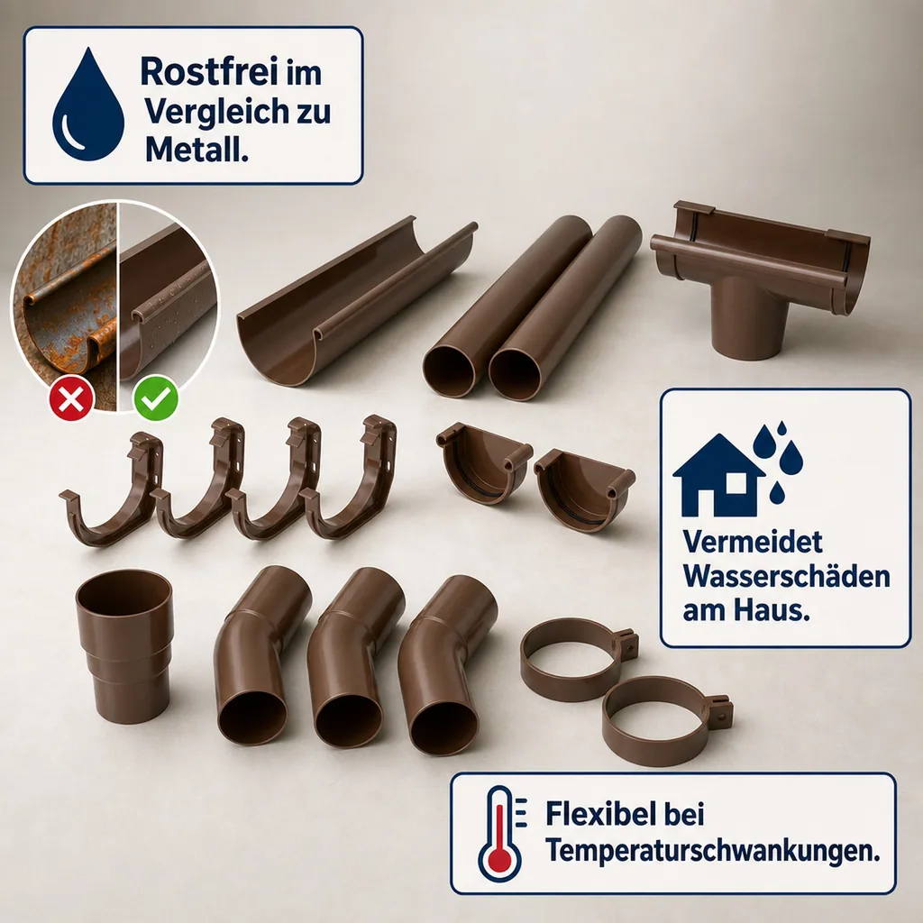 Regenrinne Set 2m braun, Dachrinne Kunststoff, System 125, Dachentwässerung