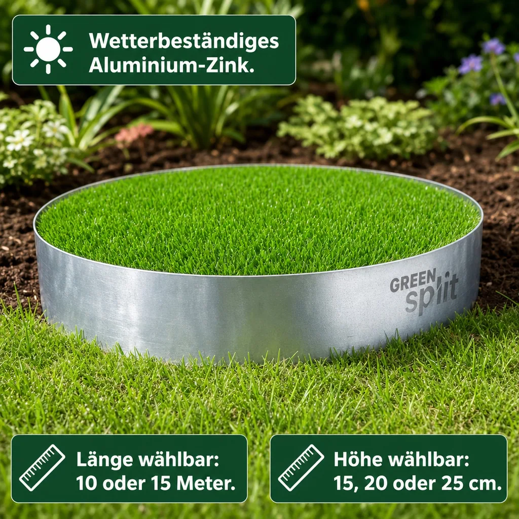 Rasenkantenband Metall Alu/Zink (Länge 10m 15m / Höhe 15cm 20cm 25cm) | Rasenkanten | Beeteinfassung | Beetumrandung | Beetbegrenzungen, Länge-GS: 15 m; Breite: 20 cm