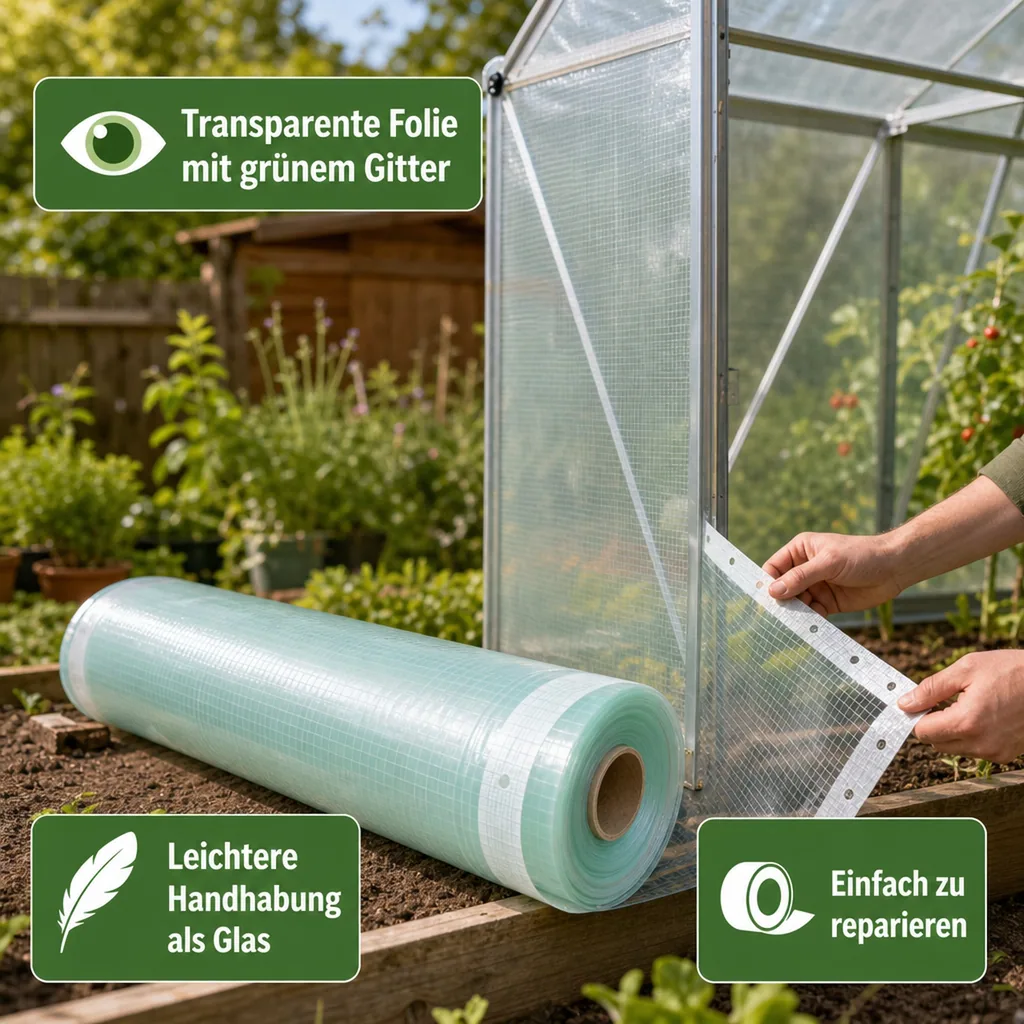 Gitterfolie, Gewächshausfolie, 1,5 Breite x 4 Meter, transparente Folie, Nagelrand