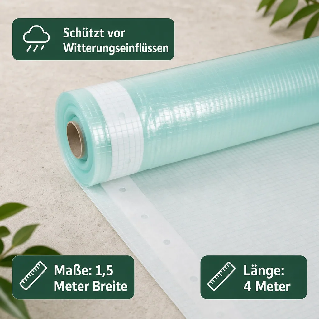 Gitterfolie, Gewächshausfolie, 1,5 Breite x 4 Meter, transparente Folie, Nagelrand
