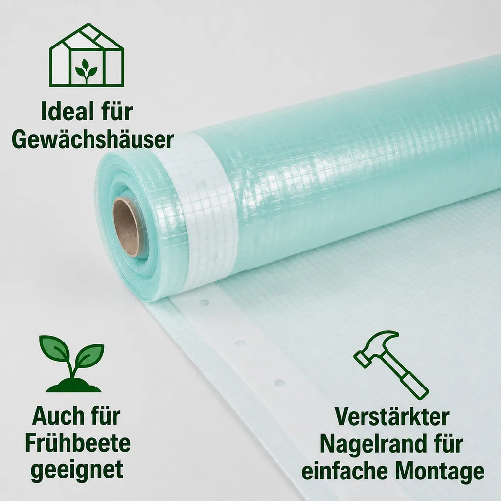 Gitterfolie, Gewächshausfolie, 1,5 Breite x 4 Meter, transparente Folie, Nagelrand