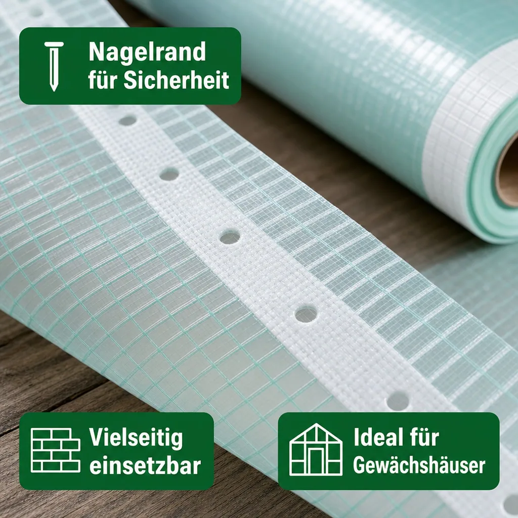 Gitterfolie, Gewächshausfolie, 1,5 Breite x 9 Meter, Nagelrand