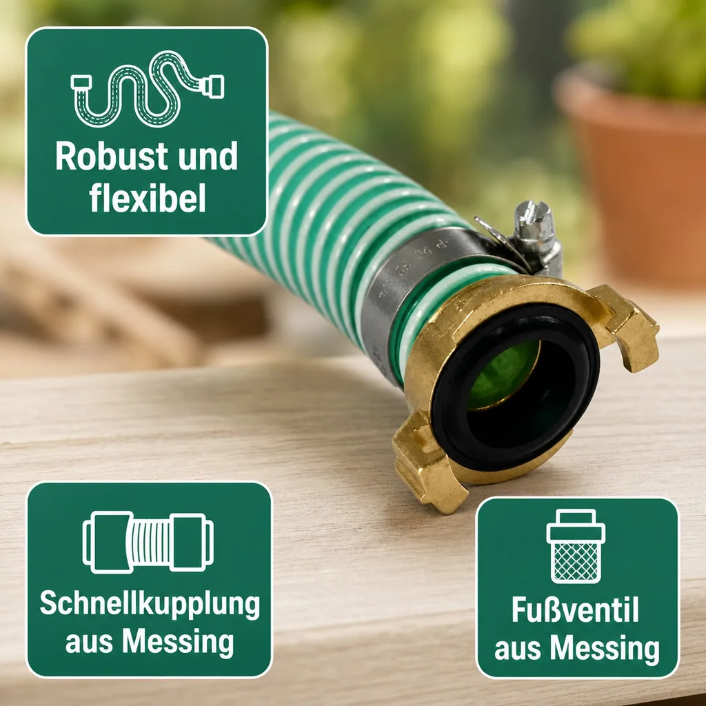 Saugkorb mit Rückschlagventil, Saug- Druckschlauch Set 25mm, 10m, Schnellkupplung, Fußventil Messing
