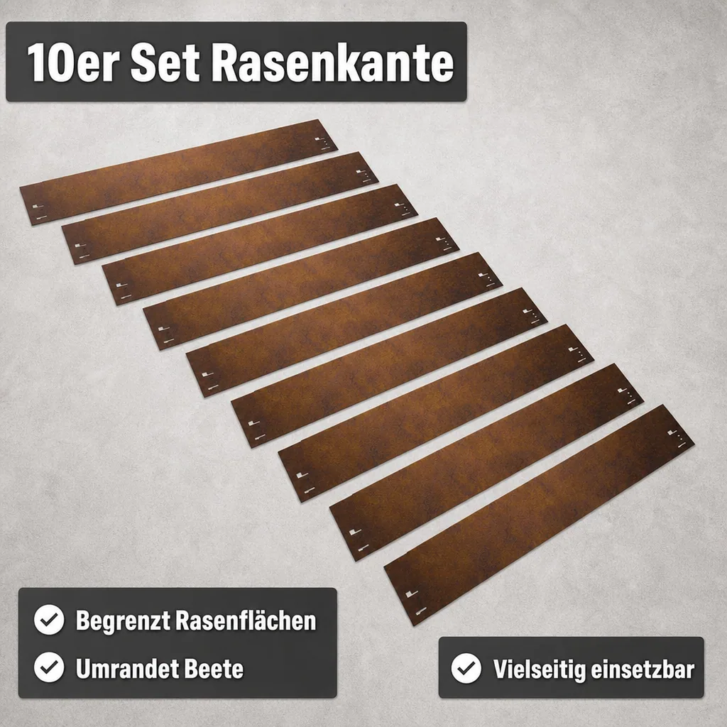 10er Set Rasenkante Cortenstahl 70 cm lang, 13,5 - 18,5 cm hoch, Beeteinfassung, Beetumrandung - Metall feuerverzinkt, Breite: 13.5 cm