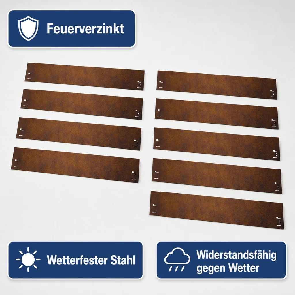 10er Set Rasenkante Cortenstahl 70 cm lang, 13,5 - 18,5 cm hoch, Beeteinfassung, Beetumrandung - Metall feuerverzinkt, Breite: 13.5 cm