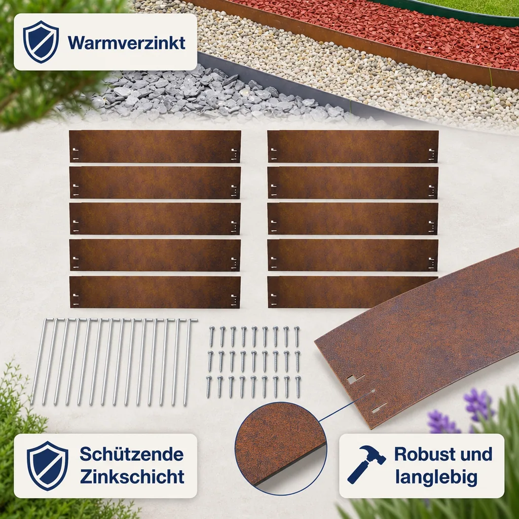 10er Set Rasenkante Cortenstahl 120 cm lang, 13,5 - 18,5 cm hoch, Beeteinfassung, Beetumrandung, Breite: 18.5 cm