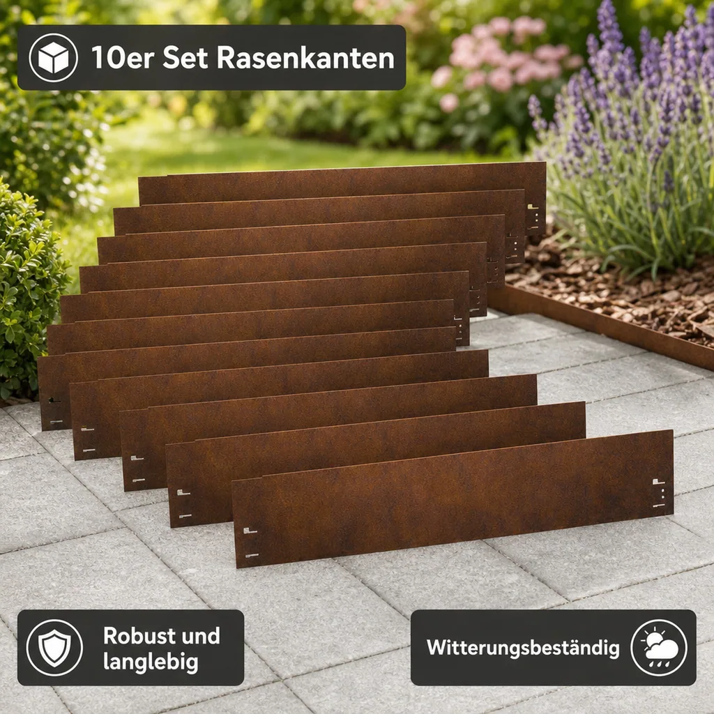 10er Set Rasenkante Cortenstahl 120 cm lang, 13,5 - 18,5 cm hoch, Beeteinfassung, Beetumrandung, Breite: 13.5 cm