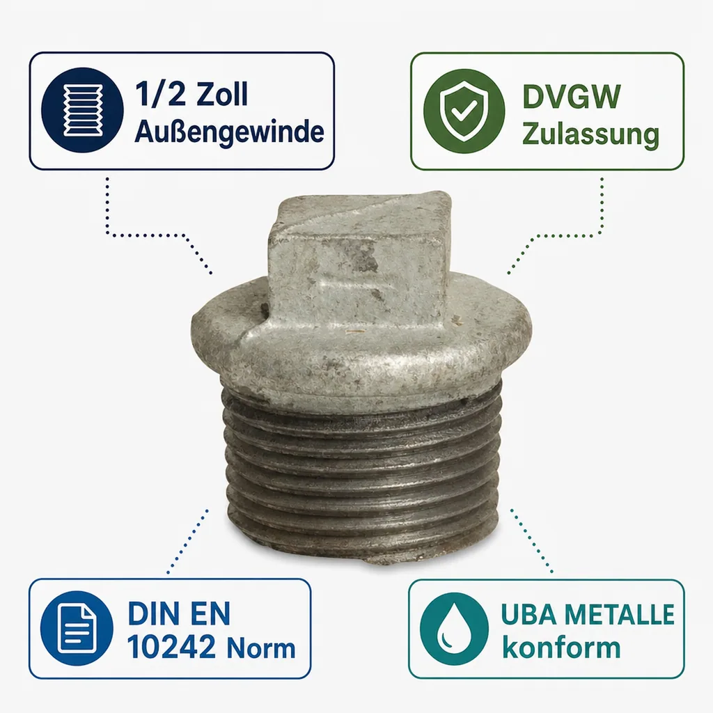 Gewindefitting, Tempergussfitting, Stopfen, 1/2 Zoll