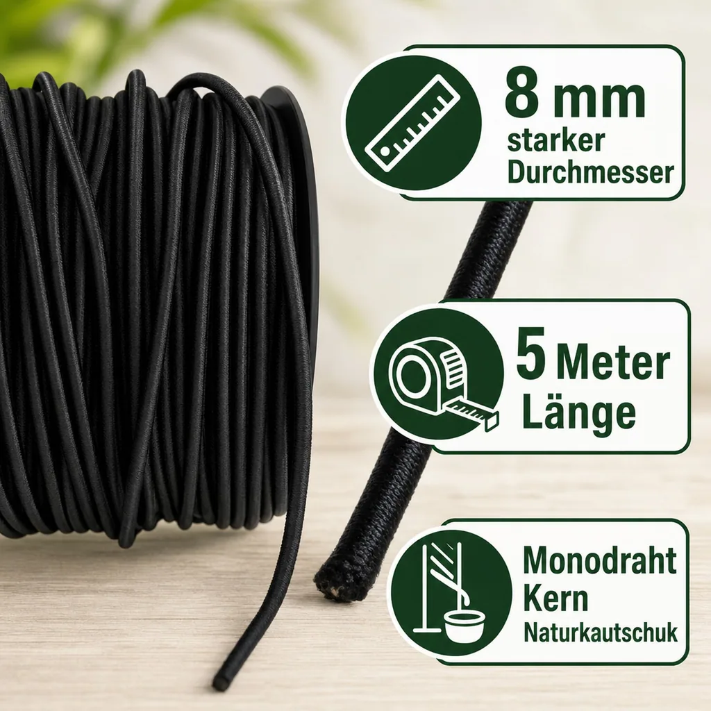 Expanderseil 8 mm, schwarz, 5 Meter, Gummiseil für Abdeckplane