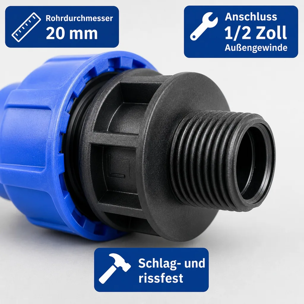 PE Rohr Verschraubung, 20mm Kupplung, 1/2 Zoll AG, Klemmverschraubung