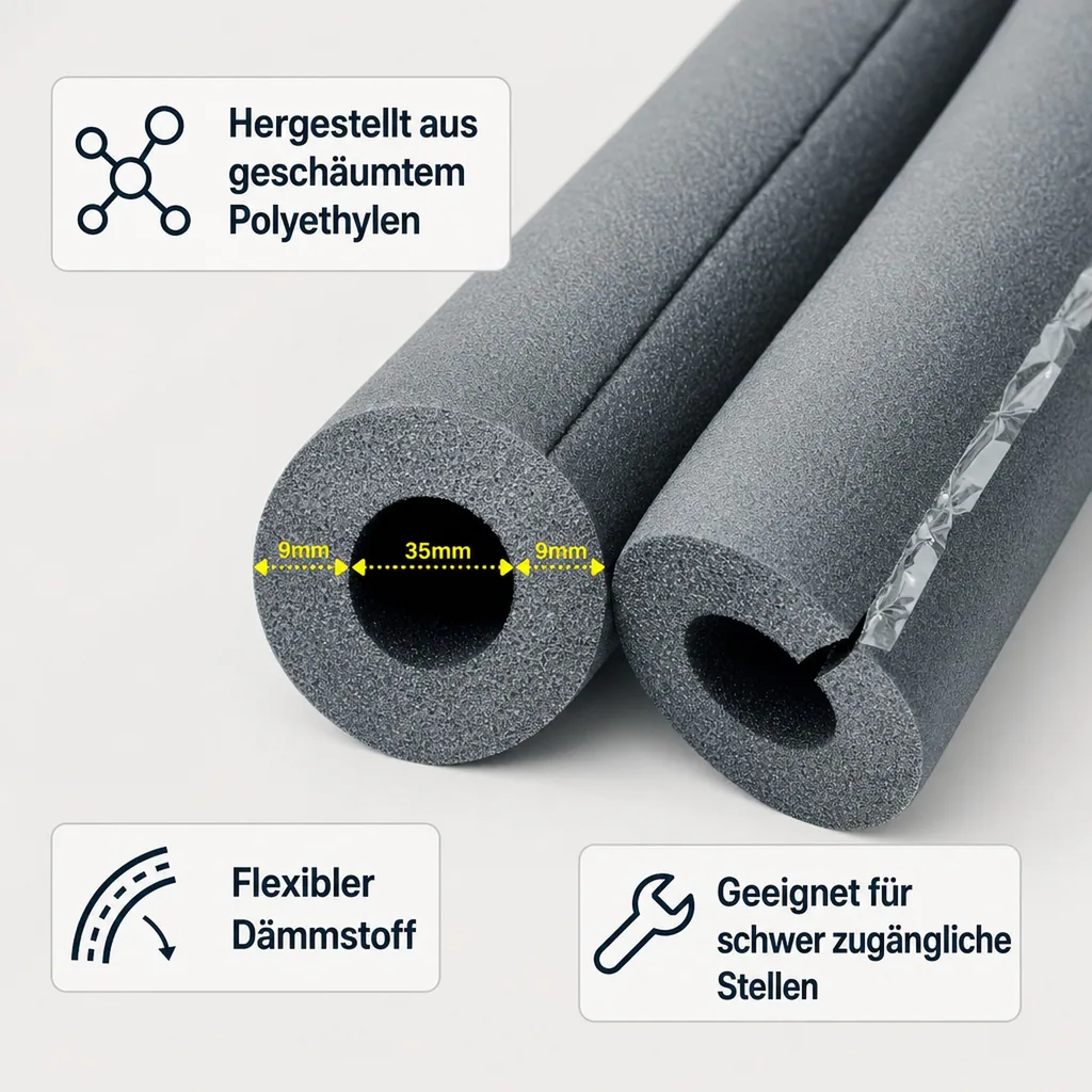 Rohrisolierung selbstklebend, 2x1m Isolierschlauch Ø 35 mm, 9 mm Dämmung Heizungsrohre