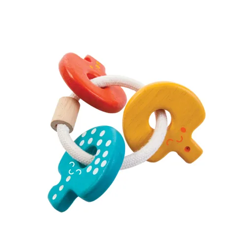 Plan Toys - Rassel - Babyschlüssel bunt, Gummibaumholz