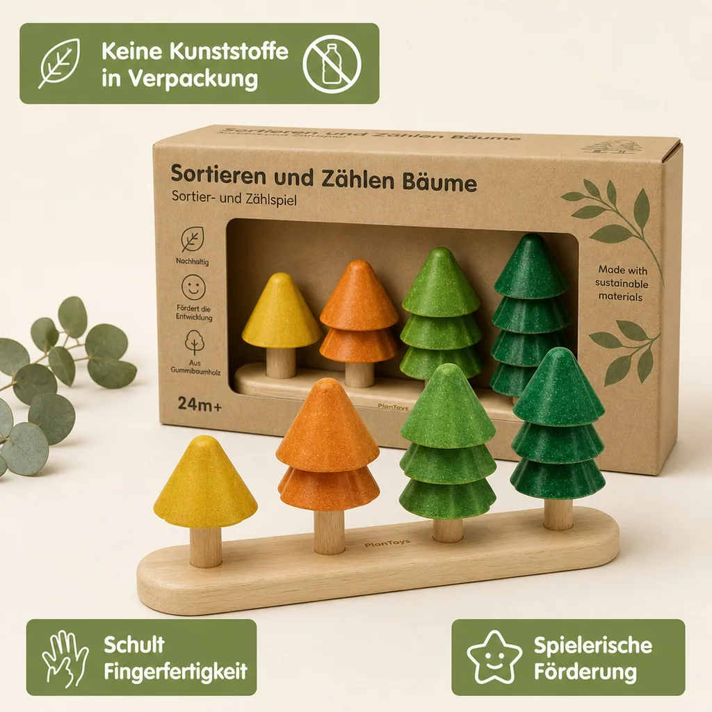Plan Toys - Sortierspielzeug - Sortieren und Zählen Bäume, Gummibaumholz