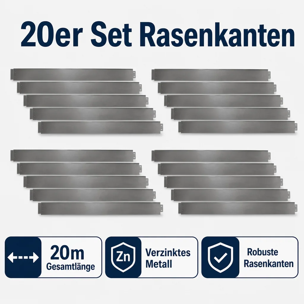 20er Set Rasenkanten Metall  Alu/Zink 18cm hoch, 20m lang | Rasenkanten | Beeteinfassung | Beetumrandung | Beetbegrenzungen