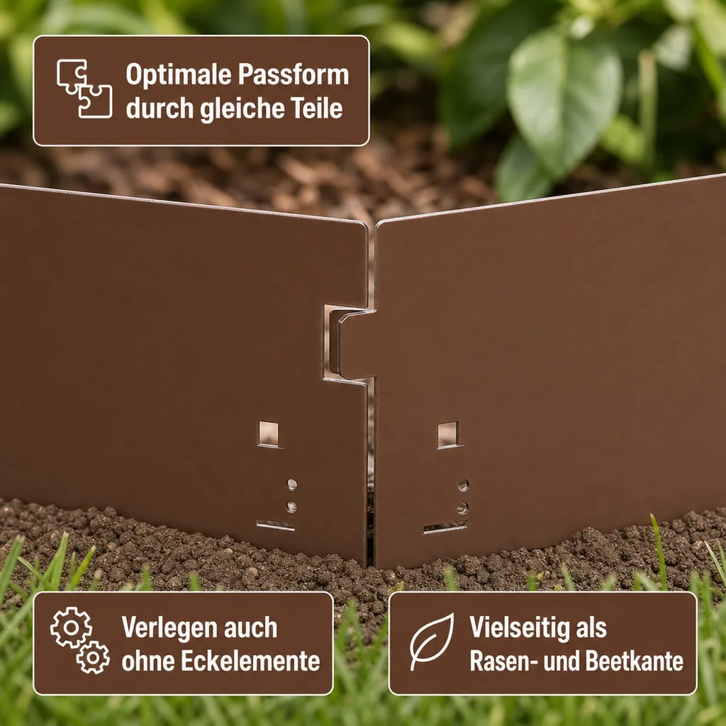 Rasenkanten Metall Höhe 13.5-18.5 cm Länge 120 cm  | Beeteinfassung | Beetumrandung | Beetbegrenzungen, Farbe: Braun; Größe: 1 Stück 18.5cm