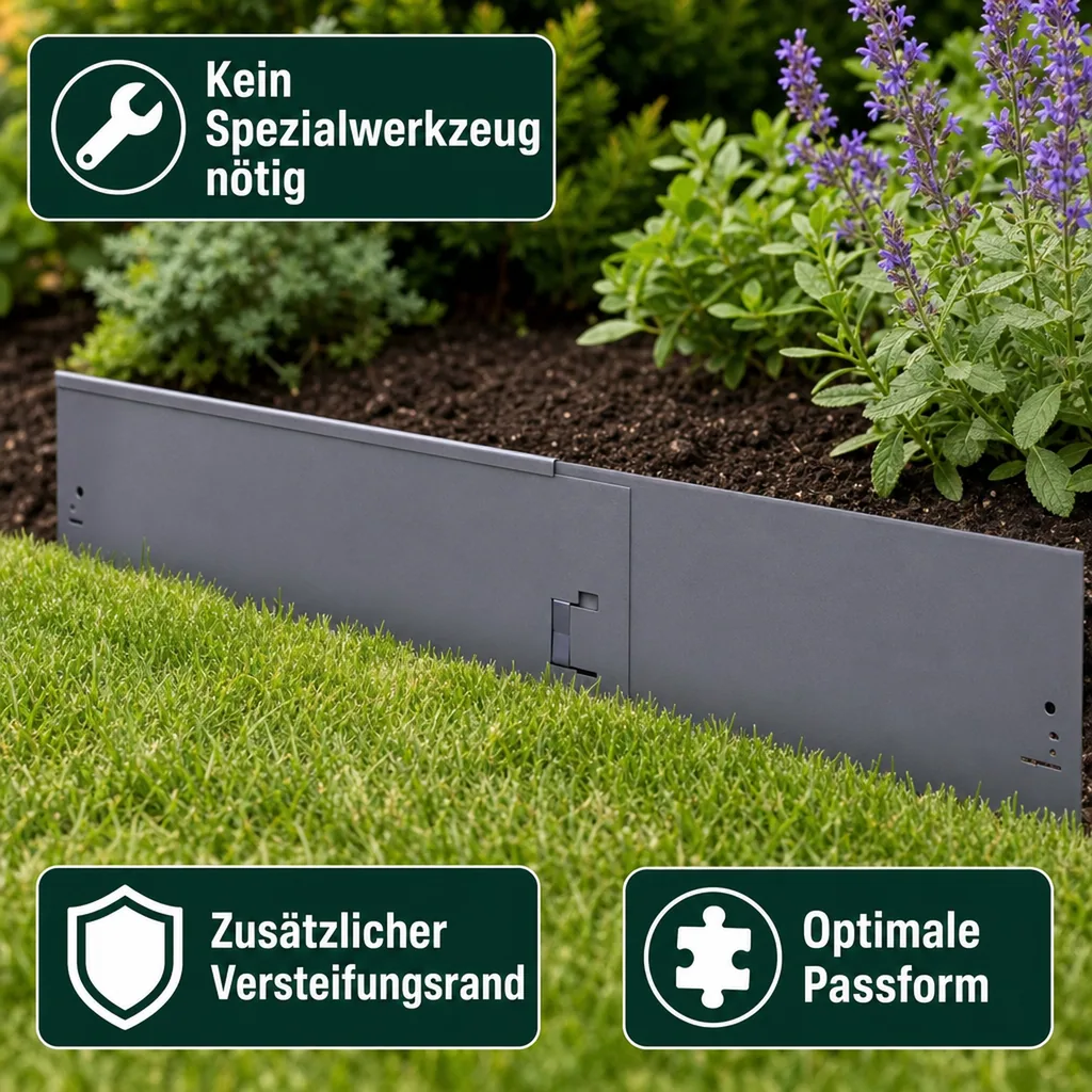 Rasenkanten Metall Höhe 13.5-18.5 cm Länge 120 cm  | Beeteinfassung | Beetumrandung | Beetbegrenzungen, Farbe: Grau; Größe: 1 Stück 18.5cm