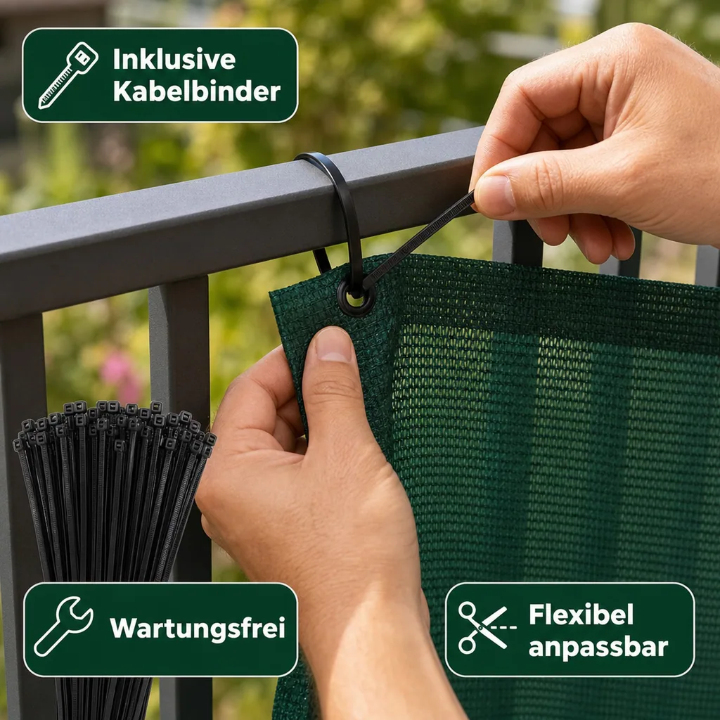 Sichtschutznetz, Windschutznetz, 1m x 25m, mit Kabelbinder & Befestigung