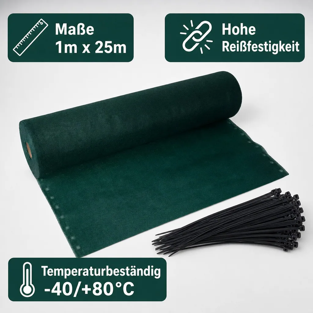 Sichtschutznetz, Windschutznetz, 1m x 25m, mit Kabelbinder & Befestigung