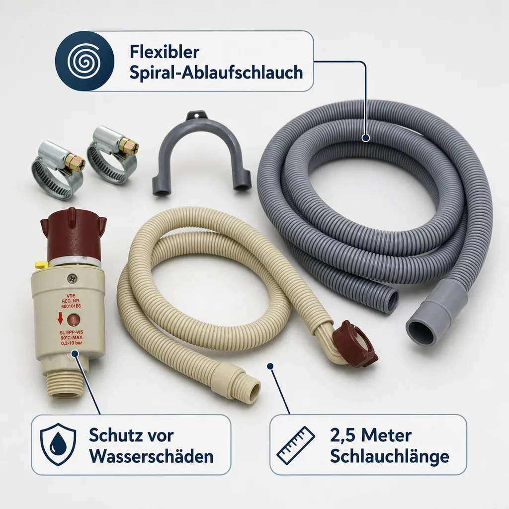 Aquastop Schlauch Set, 2,5m, Ablaufschlauch, Schlauchschellen, Waschmaschine Spülmaschine