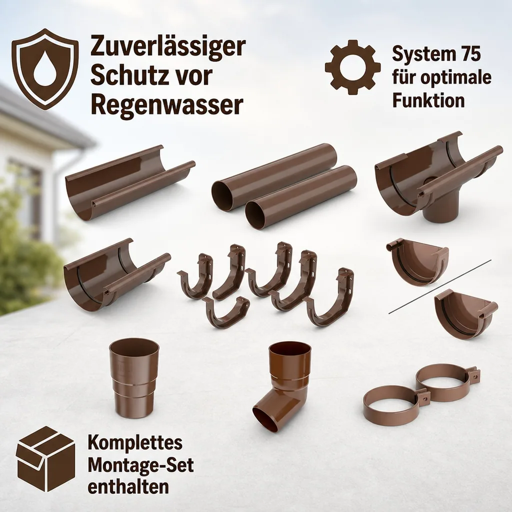 Dachrinne Set, Regenrinne 4m braun, Dachrinne Komplettset