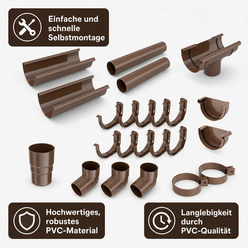 Dachrinne Set, Regenrinne 4m braun, Dachrinne Komplettset