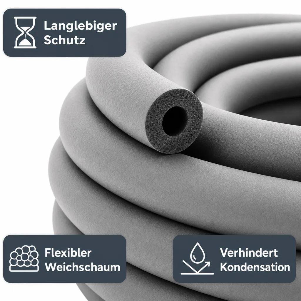 Rohrisolierung 22mm, Heizungsrohr Isolierung, 23m Rolle, flexibel, Grau