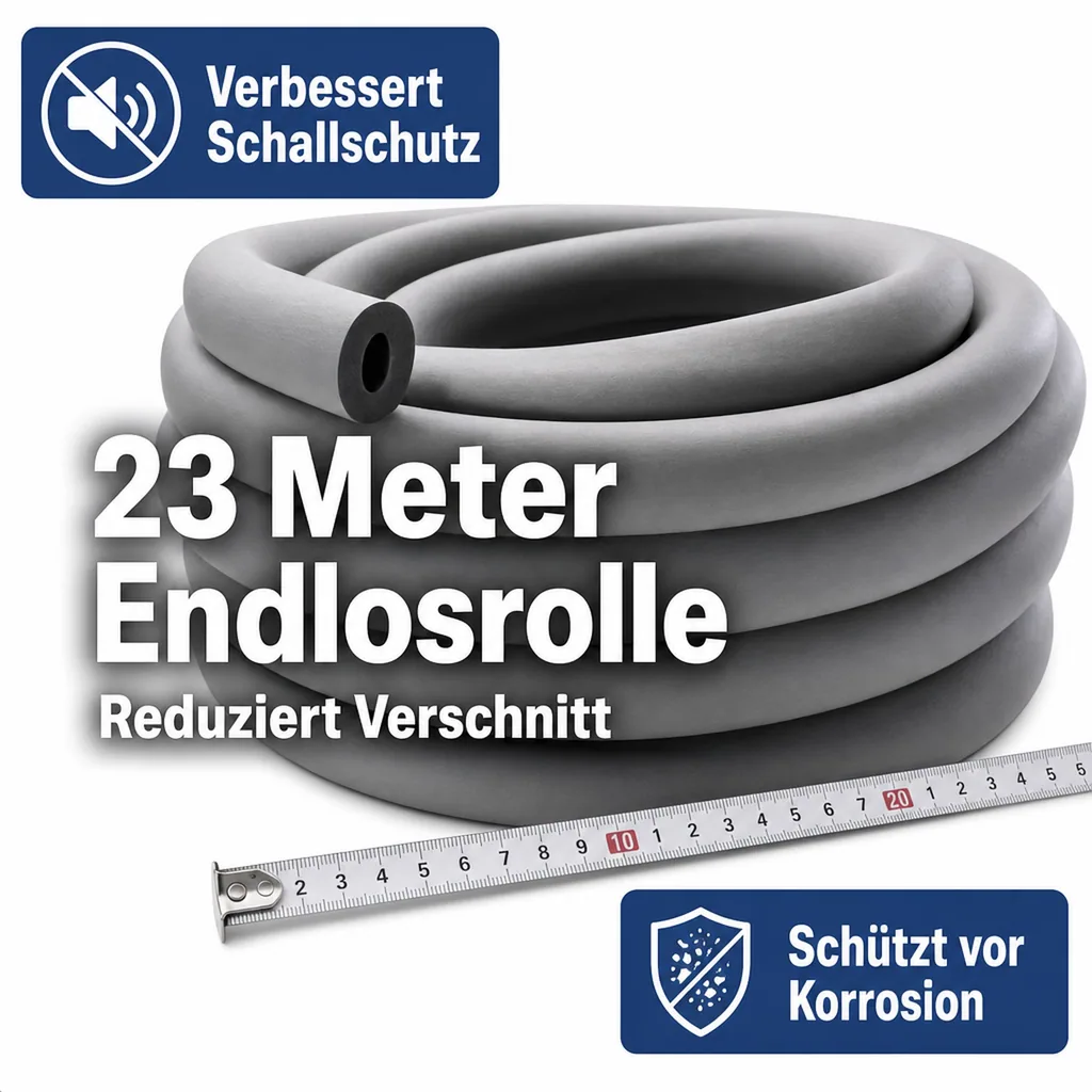 Rohrisolierung 22mm, Heizungsrohr Isolierung, 23m Rolle, flexibel, Grau