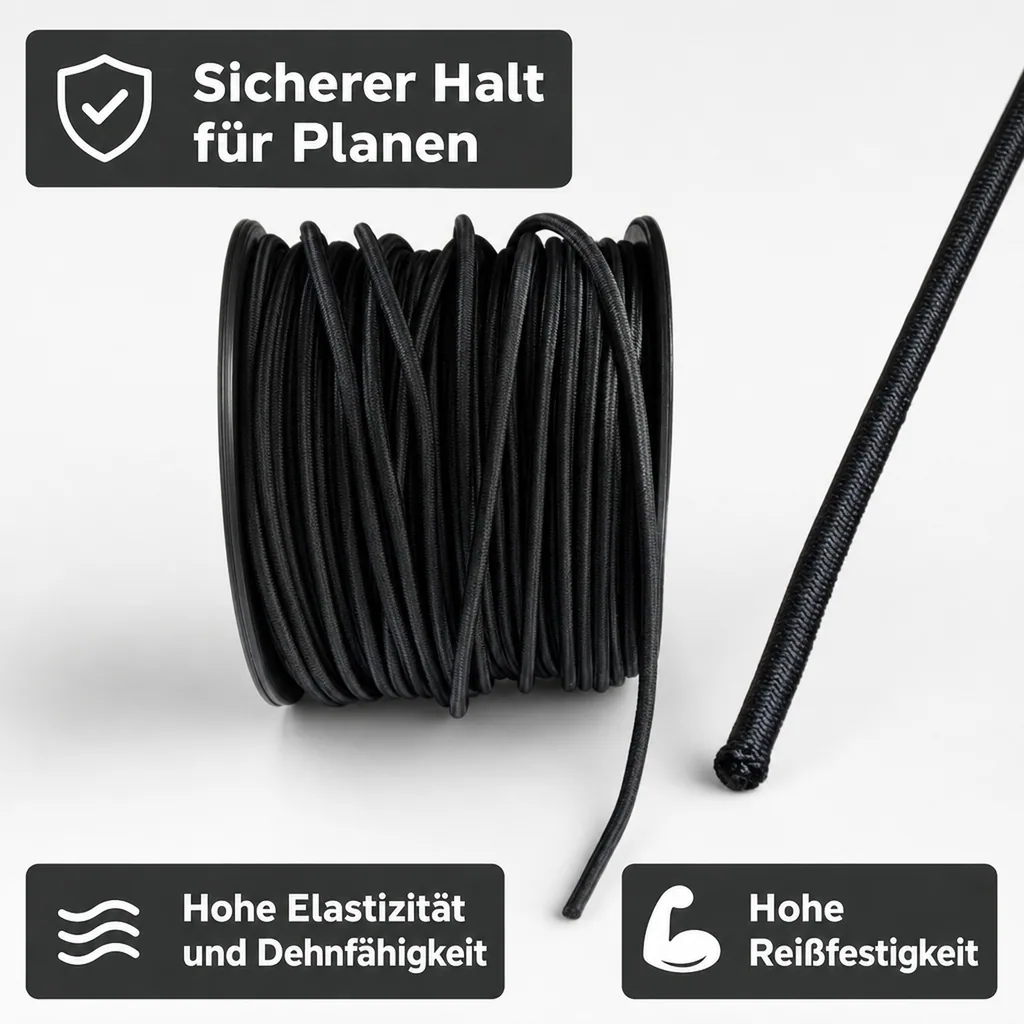 Expanderseil, Gummiseil 8 mm, schwarz, 30 m, PP-Ummantelung, UV-beständig
