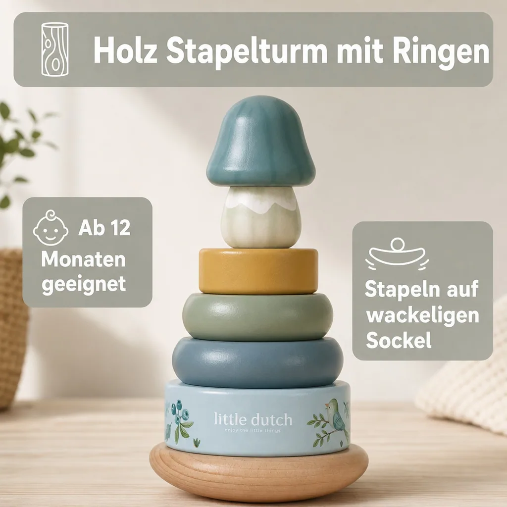 Little Dutch Stapelturm Holz, Stapelspiel - mit Ringen Forest Friends, 10x10x18,5