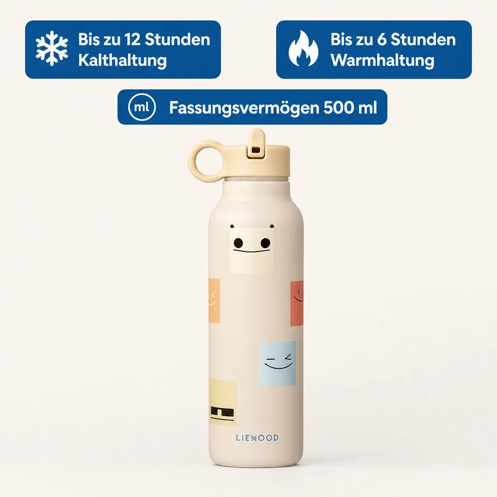 Liewood Falk Wasserflasche,Trinkflasche Kinder - Smiley / Sand, 500 ml