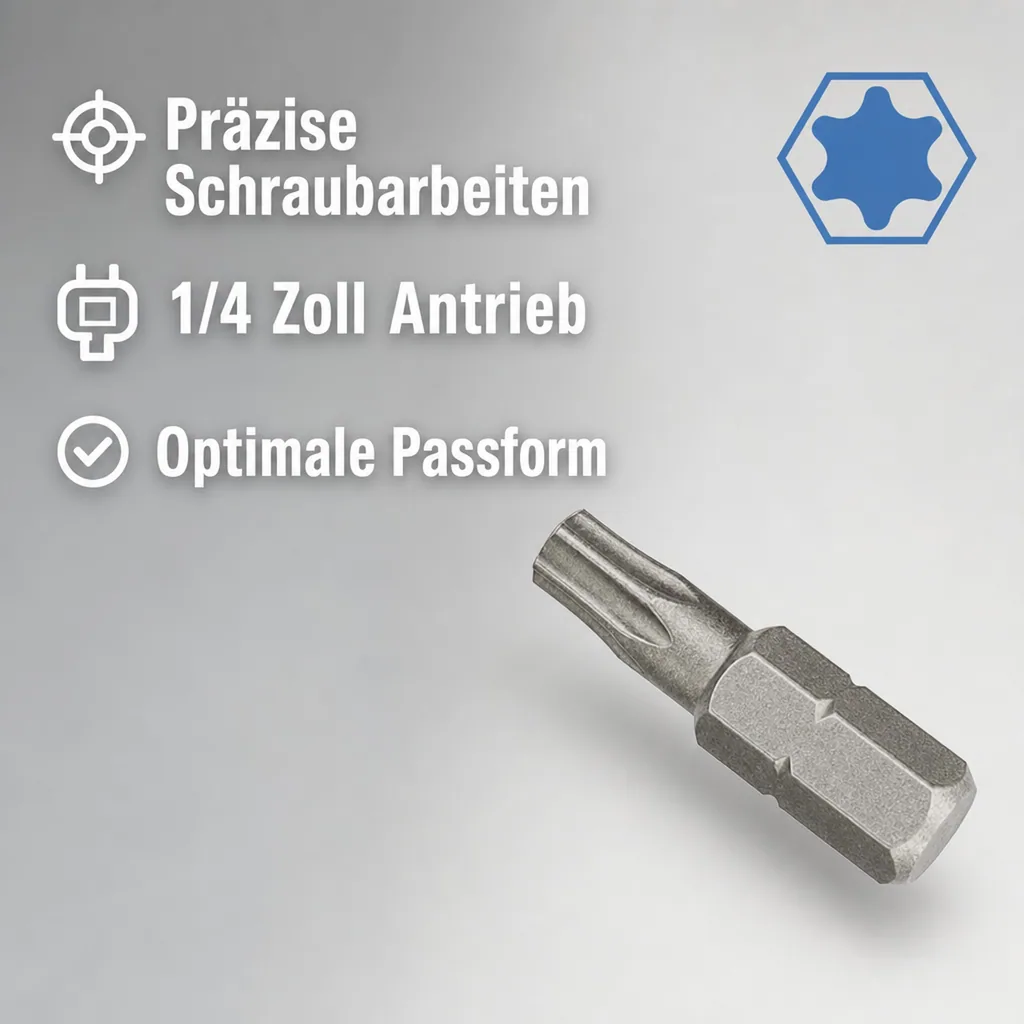 Innensechskant Bit T10, 25mm, 1/4 Zoll, S2 Stahl, Schrauberbit