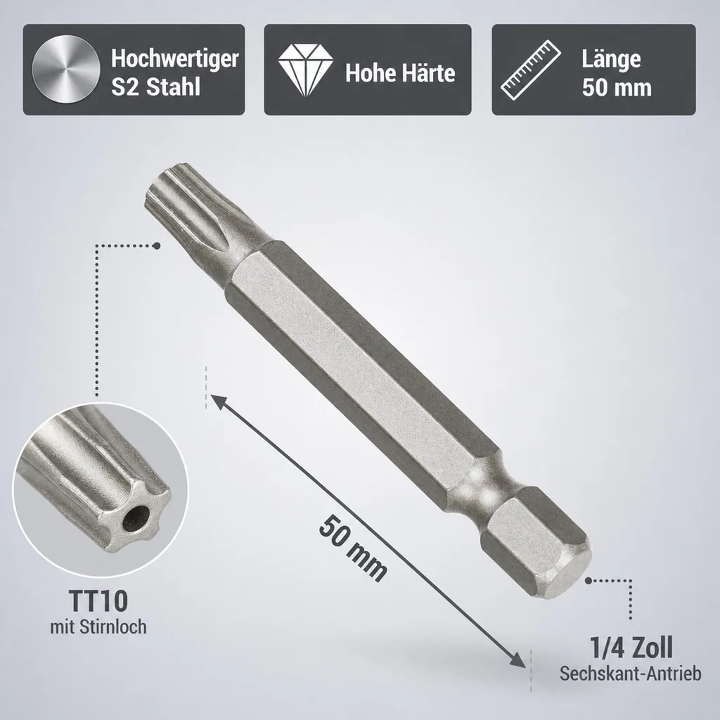 Innensechskant Bit, TT10 mit Stirnloch, 50mm, S2 Stahl, 1/4 Zoll