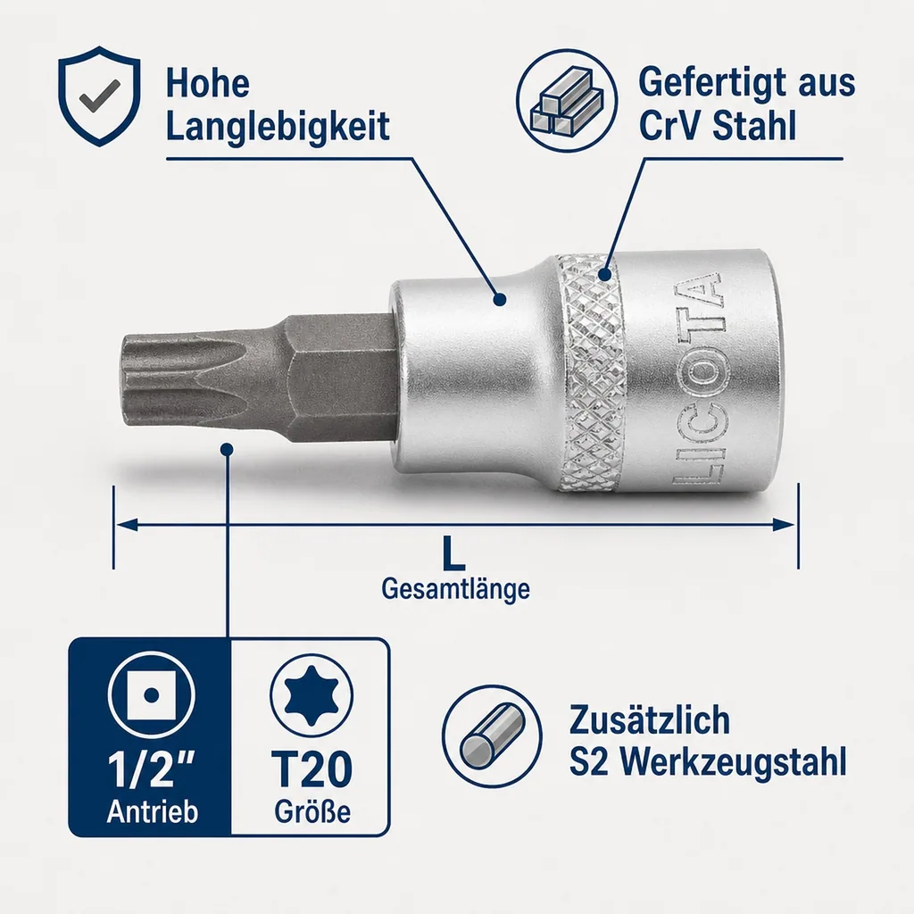 Innensechskant Nuss, Innensechskant Stecknuss, 1/2 Zoll T20, CrV, kurze Ausführung