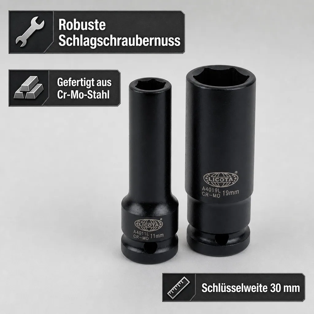 Schlagschraubernuss 1/2 Zoll, 30mm, Cr-Mo, 6-Kant