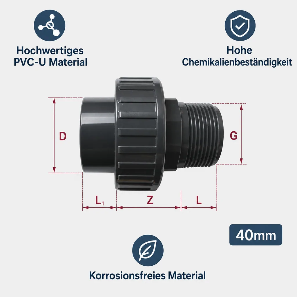 PVC Fittinge, PVC-U Verschraubung Klebemuffe 40mm, Rohrverbinder