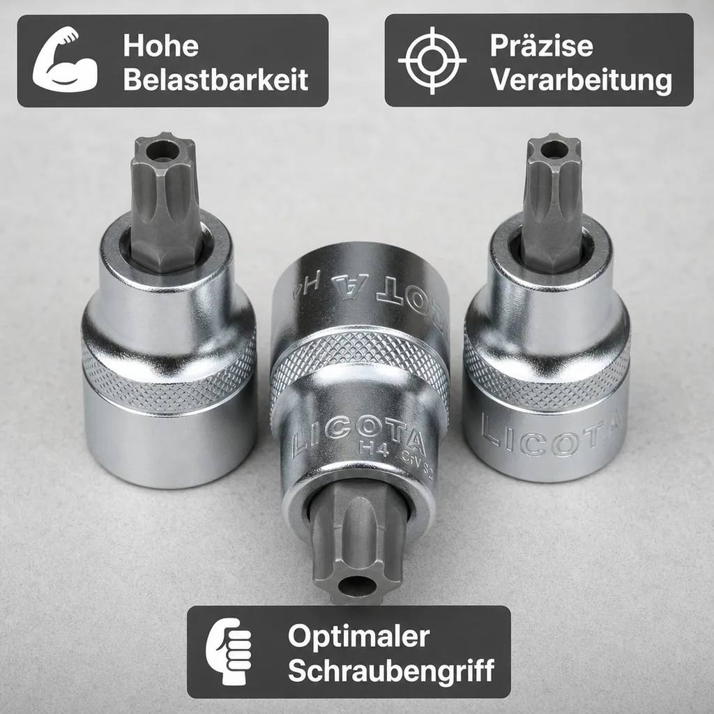 Innensechskant Stecknuss, 1/2 Zoll T20, CrV S2 Stahl, kurze Ausführung, mit Stirnloch
