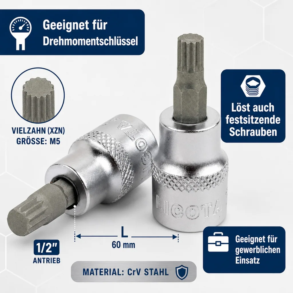 1/2 Zoll Vielzahn Nuss M5, kurze Ausführung, CrV Stahl Werkzeug