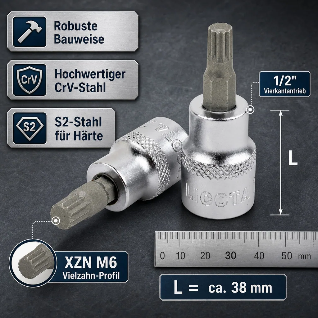 M6 Vielzahn Nuss, XZN Nuss, 1/2 Zoll, kurze Ausführung