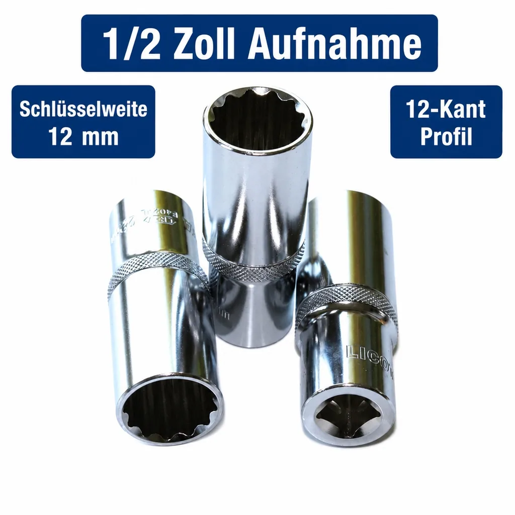 1/2 zoll Nuss, Stecknuss, Langnuss, 12mm, Cr-V, Industriequalität