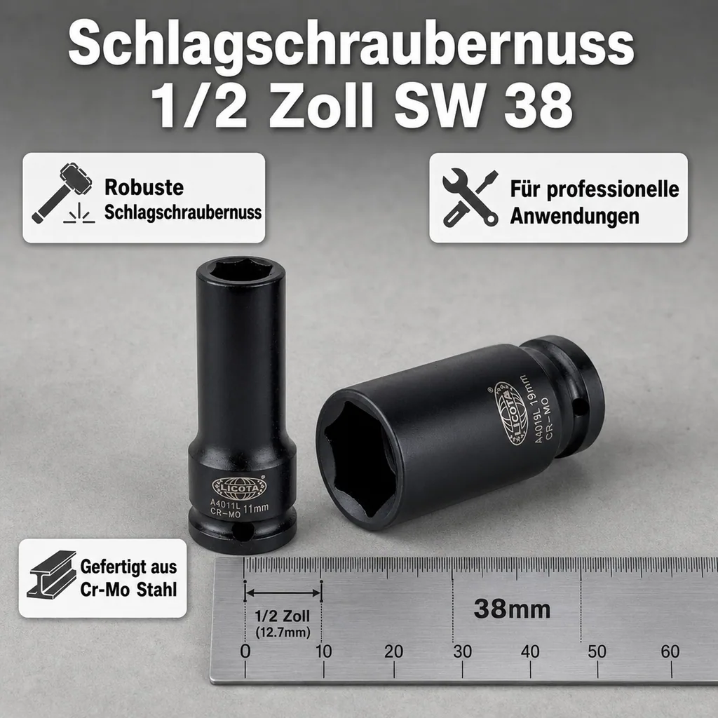 Schlagschraubernuss, 1/2 Zoll Nuss, SW 38, 6kant, 78mm Cr-Mo, 10 Stk.