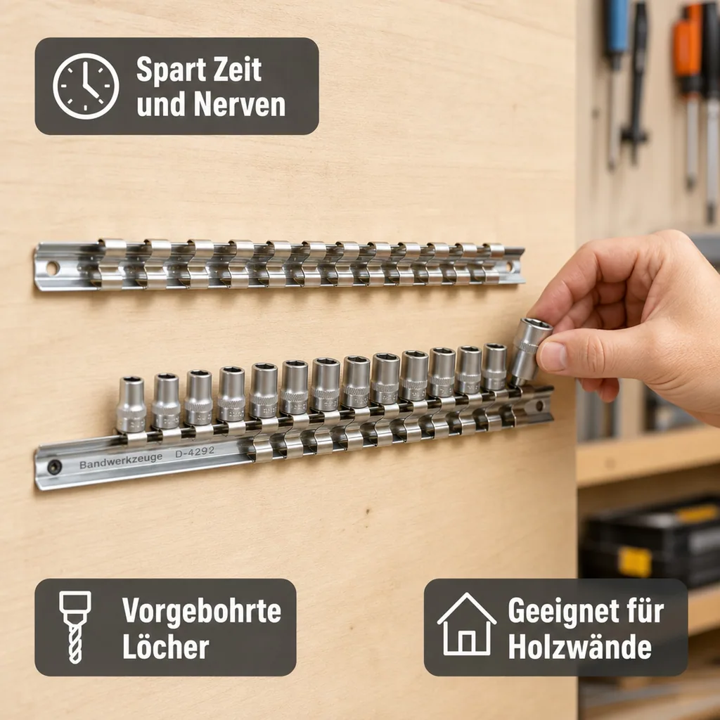 Stecknuss Schiene, 1/4 Zoll Halterung, 15 Clips, Werkzeugwand Halterung