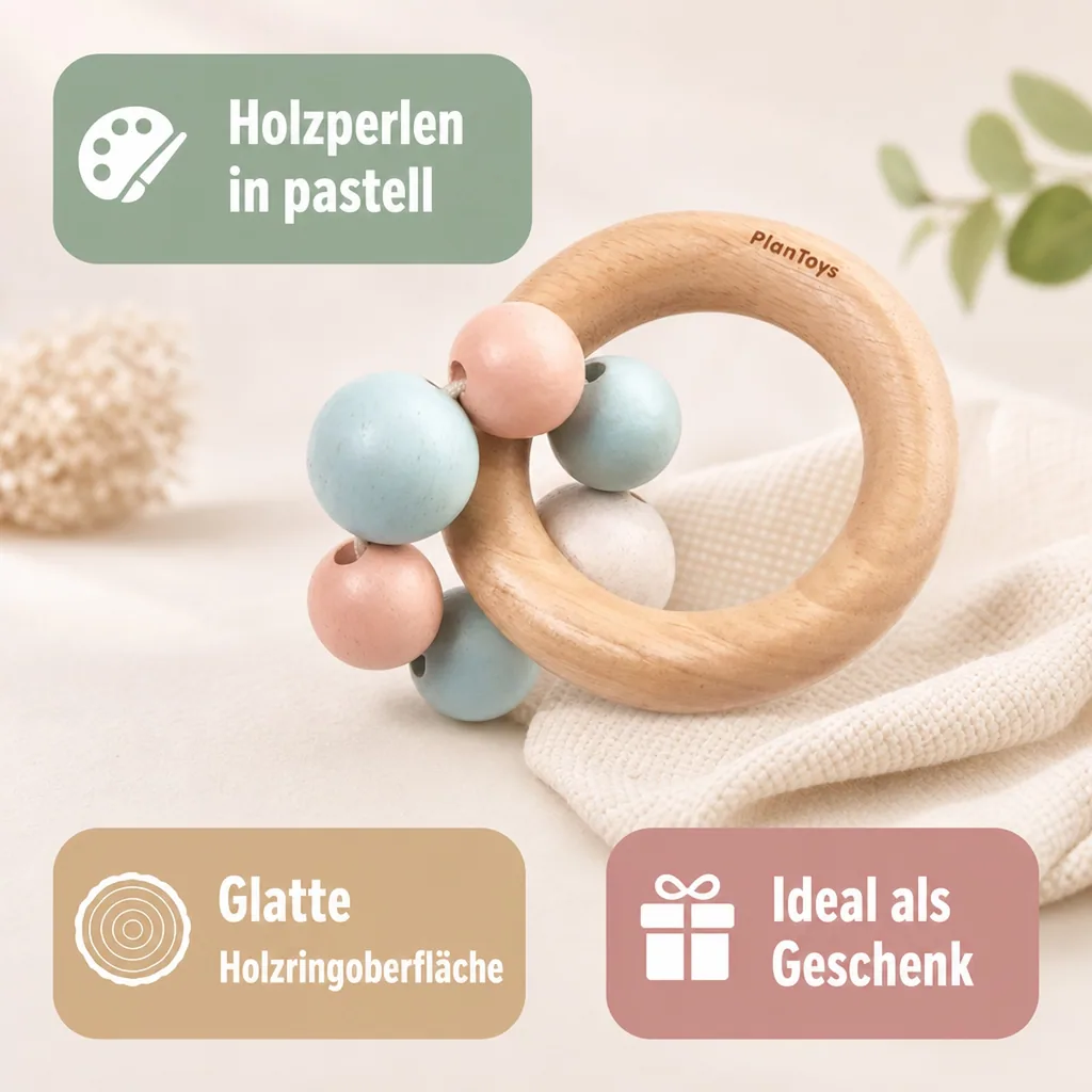 Plan Toys Baby Rassel mit Perlenring Holz pastell